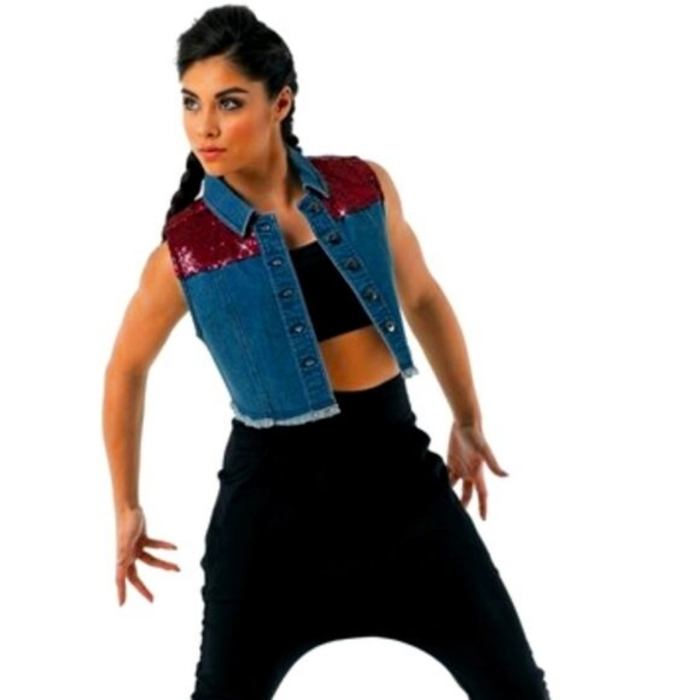 Weissman Balera AH10260 Red Sequin-Shoulder Hip Hop Dark Wash Denim Jean Vest MC